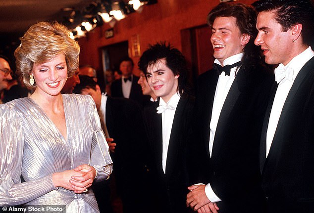 Princess Diana laughing with Duran Duran's Nick Rhodes, John Taylor and Simon Le Bon at the royal premiere of View to a Kill