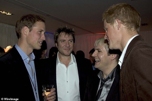 William and Harry chat with Simon le Bon and Nick Rhodes after Diana's concert in 2007