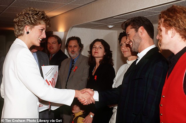 Princess Diana meets George Michael, KD Lang and Mick Hucknall at the annual World AIDS Day Concert of Hope at Wembley Arena in 1993.
