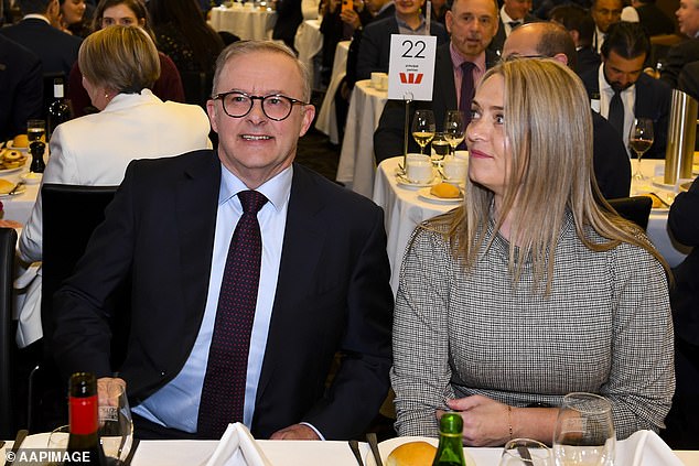 Australian opposition leader Anthony Albanese and his partner Jodie Haydon before his speech to the National Press Club.