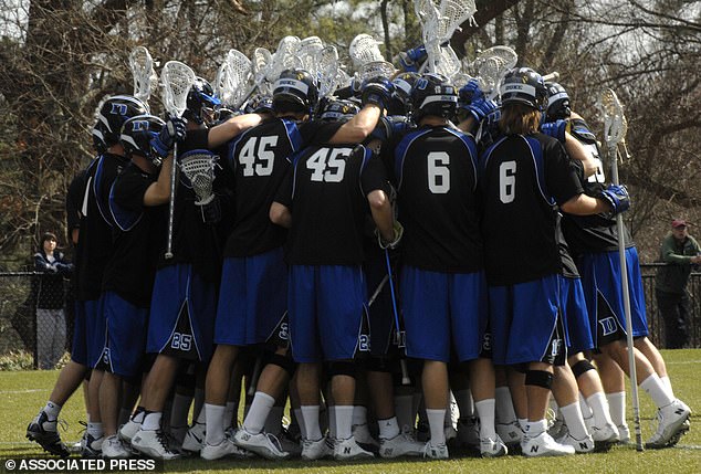 The coach was forced to resign and the university canceled the rest of the season. Pictured: Duke lacrosse players wearing practice jerseys depicting the numbers of Dave Evans (6), Collin Finnerty (13) and Reade Seligmann (45).