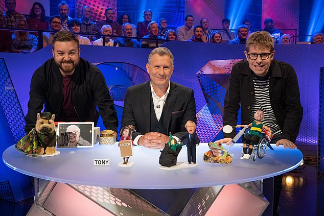 Bigfoot typically sings a tune with his leg wrapped in a cast, which fans see as his biggest clue, as viewers believe it is a nod to Alex's TV show, The Last Leg (pictured: Alex with his co-stars Adam Hills and Josh Widdicombe).