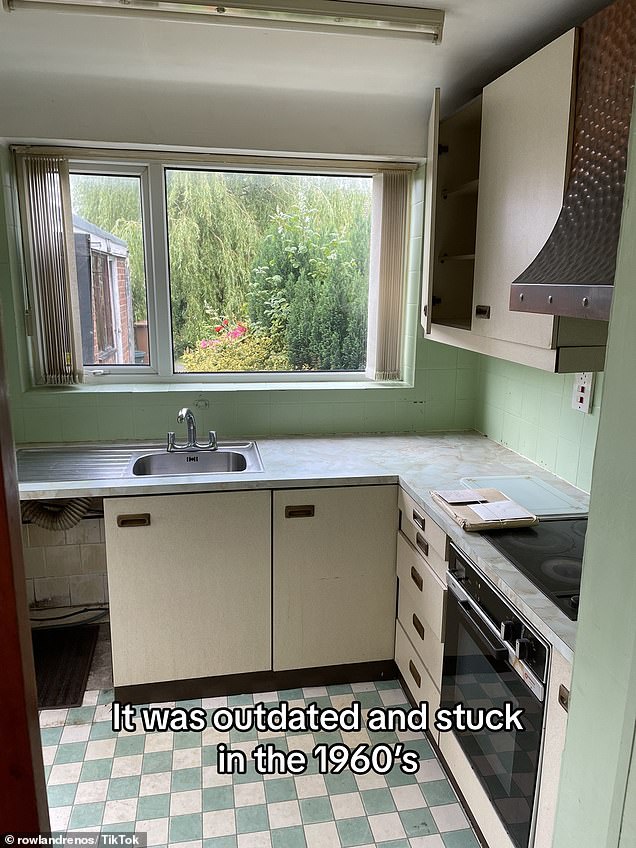 It was originally painted an unsightly mint green and fitted with cream and brown cabinets, as well as a 1950s-style green and white tiled floor.