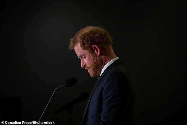 Prince Harry, Duke of Sussex, speaks during the "one year left" Invictus Games Dinner in Vancouver on Friday, February 16, 2024 Invictus Gala, Vancouver
