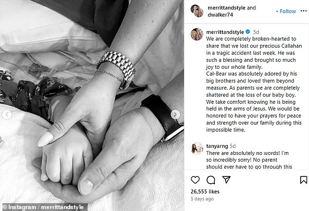 The mother of three, who runs the lifestyle blog Merritt & Style, revealed that her youngest son, Callahan, died in a heartbreaking Instagram post on Monday.