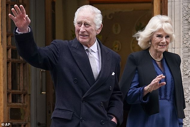 King Charles III leaves the London Clinic with Queen Camilla at his side on January 29