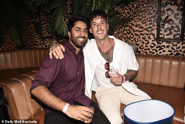 Collins was seen soaking up the attention mingling with ex-boyfriends from MAFS and Love Triangle star Alan Wallace (right).