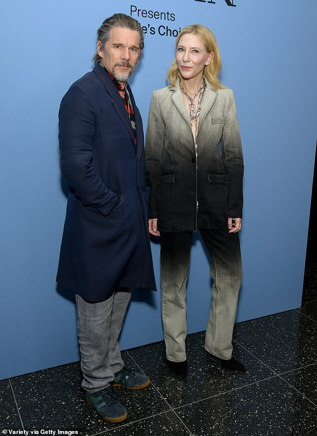 The exes apparently avoided each other, with Thurman facing the cameras alone and Hawke joining forces with Cate Blanchett;  Pictured at the 40th anniversary screening of Sophie's Choice at the Museum of Modern Art in February.