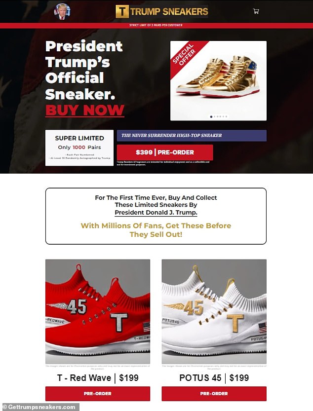 The sneaker line also includes a red range called T - Red Wave and a white range called POTUS, both priced at $199.