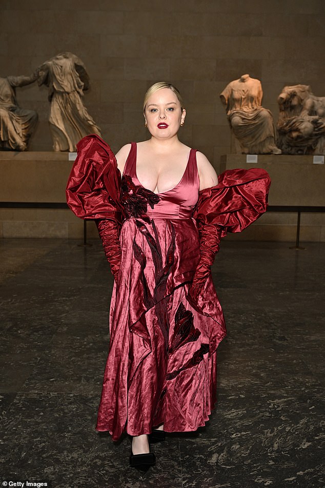 Bridgerton star Nicola Coughlan (pictured) also attended, wearing a bold long red dress with a daring pair of cherry red gloves and black stilettos.