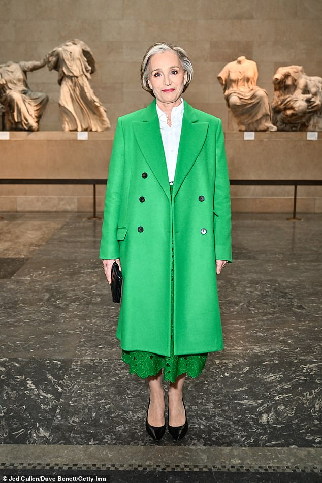 Dame Kirstin Scott Thomas (pictured) wore a bright green long coat with a matching cropped floral skirt and a smart white shirt.