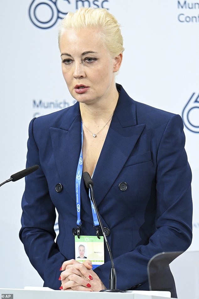 Just hours after Navalny's death, his wife, Yulia Navalnaya (pictured), with whom he shares two children, bravely spoke out to condemn Putin and vowed that he and his cronies will be held accountable for her husband's death.