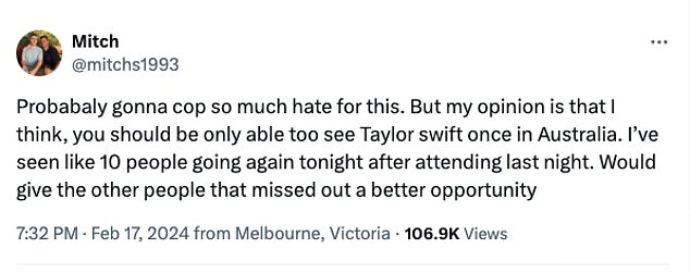 A Melbourne resident took to X, formally known as Twitter, this week to voice his opinion on the ticketing process for the pop superstar's concerts.