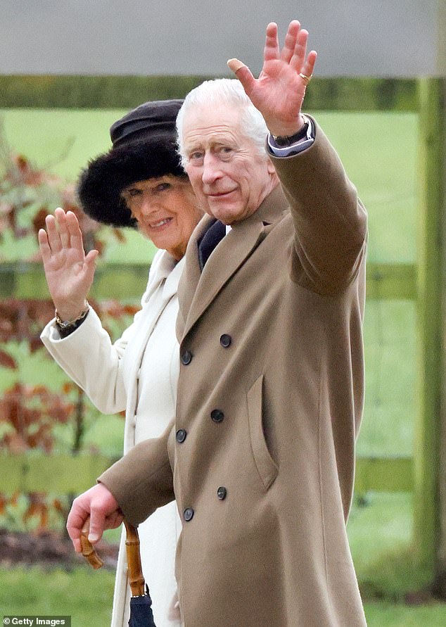 King Charles III and Queen Camilla attend the Sunday service at St Mary Magdalene Church on the Sandringham estate on February 11.