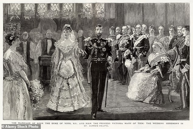 The wedding of George V, younger brother of Albert Victor, and Princess Mary of Teck in the Chapel Royal, St James's Palace in 1893.