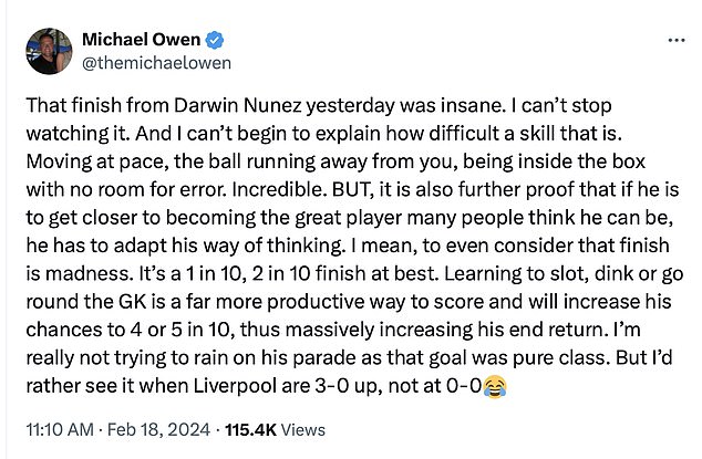 Michael Owen shared his opinion in a long social media post after watching Núñez's goal.