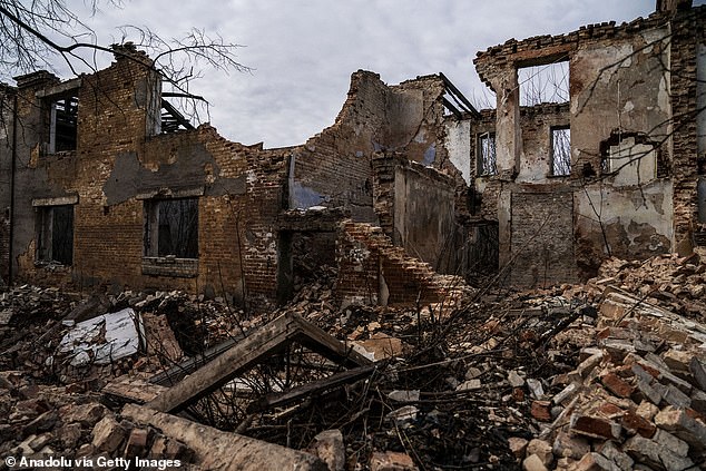 A view of the destroyed building, located near a front-line position, after Russian bombing as the war between Russia and Ukraine continues in Donetsk Oblast, Ukraine, on February 16.