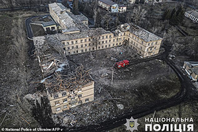 This photograph taken and released by the National Police of Ukraine on February 14, 2024 shows a hospital building destroyed as a result of a missile attack in Selydove, Donetsk region.
