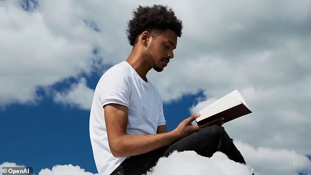 'A young man in his 20s is sitting on a cloud in the sky, reading a book'