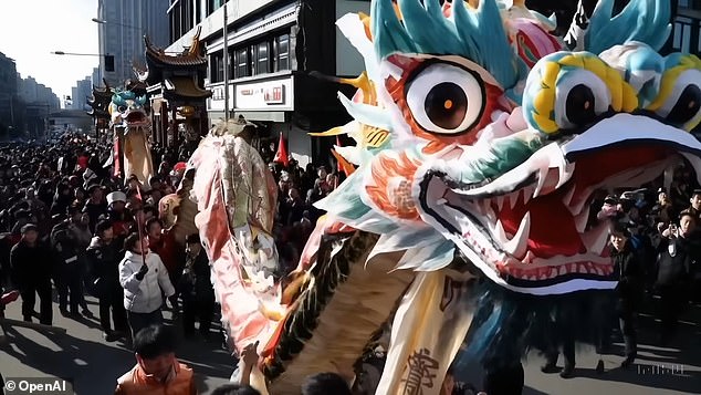 The technological interpretation of: 'A Chinese Lunar New Year celebration video with a Chinese dragon'