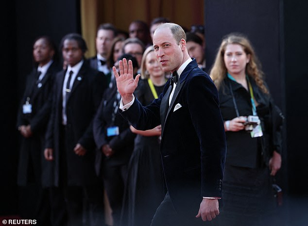 Greetings from Wills: Prince William pictured at BAFTAs 2024; The royal, who has been president of the Academy since 2010, was pictured chatting to the crowd gathered at the Royal Festival Hall this evening.