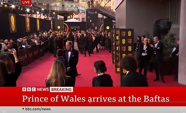 BBC footage of Prince William arriving at the Royal Festival Hall; The Prince will attend without Kate Middleton, who is still recovering from surgery at her home.
