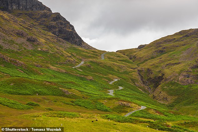 The west face of Hardknott Pass, which has gradients of up to 33 percent. The Institute of Advanced Motorists advises road users: 'It has steep gradients and is a single track road so, depending on the cyclist or driver's experience, it could be a road to avoid. We do not recommend putting yourself in danger'