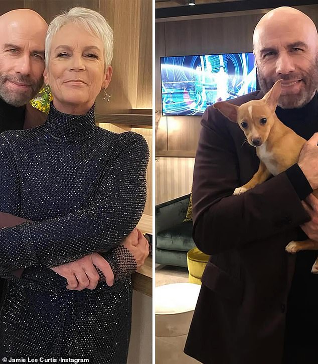 Jamie Lee also shared a photo of them now and a photo of Travolta holding a cute little dog that references the work the two celebrities do for a dog rescue foundation called Pawworks.