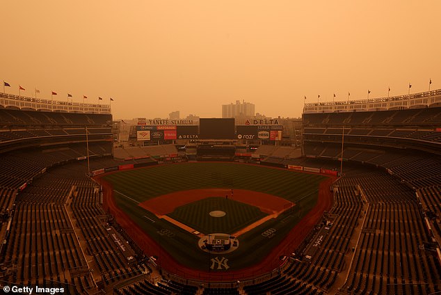 New York's Yankee Stadium photographed under foggy conditions before a game between the New York Yankees and the Chicago White Sox, which has since been postponed due to poor air quality.