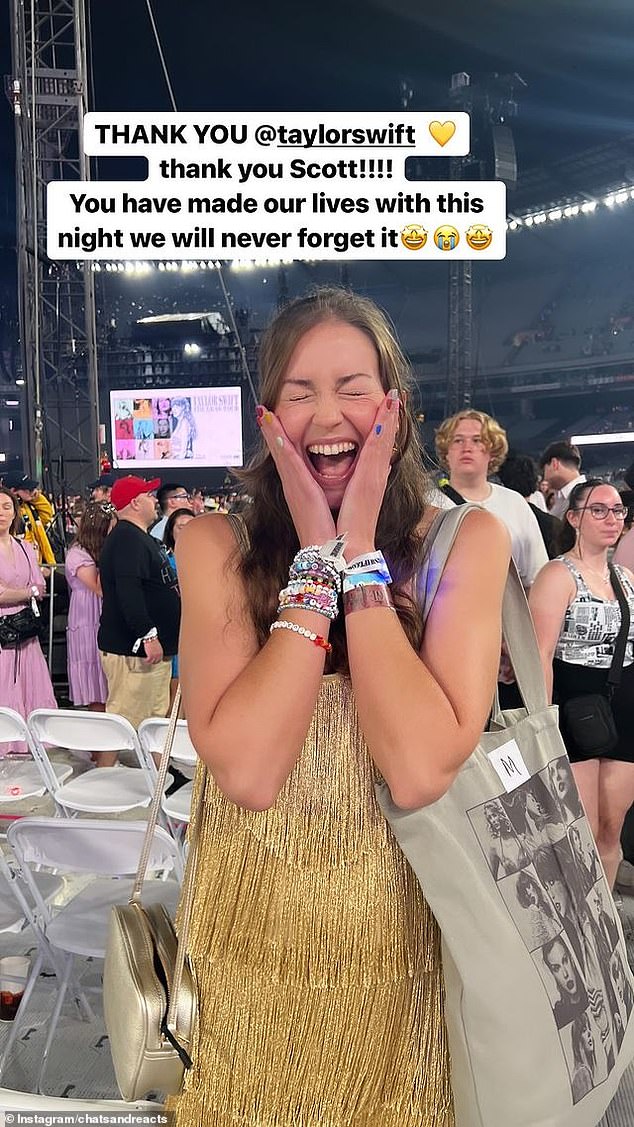 Captioning a photo of Bonny looking elated, the couple wrote: 'THANK YOU Taylor Swift. Thanks Scott!!!! You have made our lives with this night. We will never forget him'
