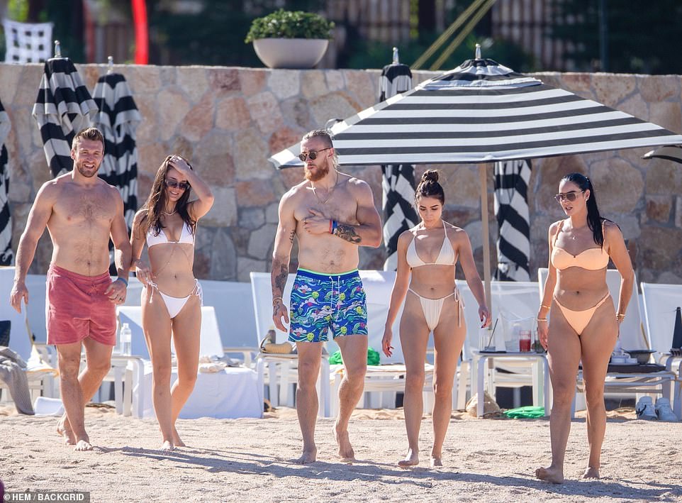 From left to right: Kyle Juszczyk, his wife Kristin, George Kittle, Olivia Culpo and Claire Kittle