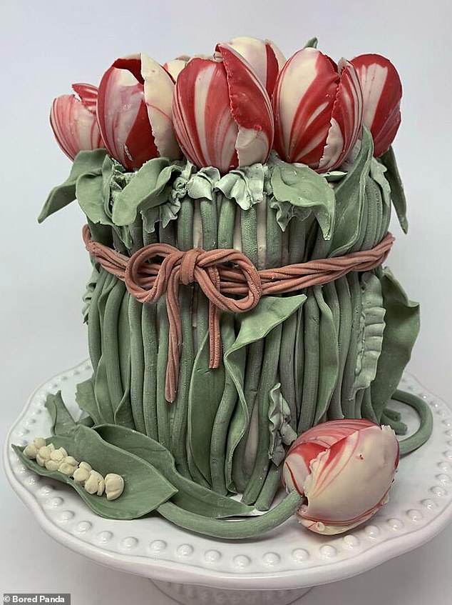 Don't know whether to give someone flowers or a cake?  How about both?  This beautiful cake is decorated to look like a bouquet of tulips.