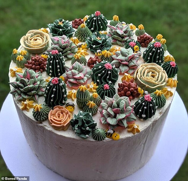 Would you be tempted to check the spikes of all these cacti before you in this succulent cake?