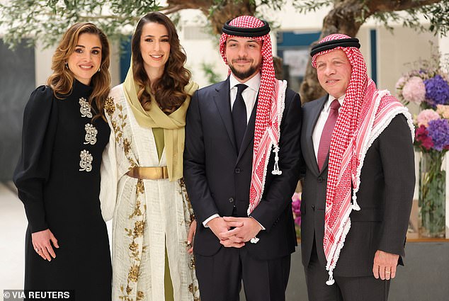 King Abdullah II and Queen Rania of Jordan with Crown Prince Hussein during their engagement to Rajwa Al Saif in August 2022.