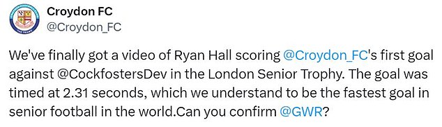 Croydon posted on X asking Guinness World Records for confirmation as to whether they had scored the fastest goal in the world.