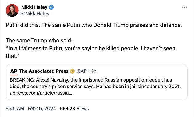 Haley, Trump's latest rival for the 2024 Republican presidential nomination, shared a 2015 quote from the former president in which he cast doubt on accusations that Putin had killed journalists.