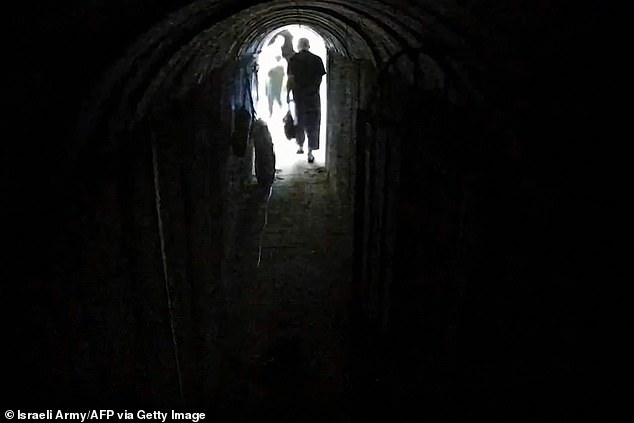It was not clear from the images (pictured above) where the tunnel was located, but in recent weeks the Israeli army has attacked Khan Yunis, the main city in southern Gaza and Sinwar's hometown.
