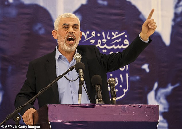 The head of the political wing of the Palestinian Hamas movement in the Gaza Strip, Yahya Sinwar, speaks during a meeting in Gaza City on April 30, 2022.