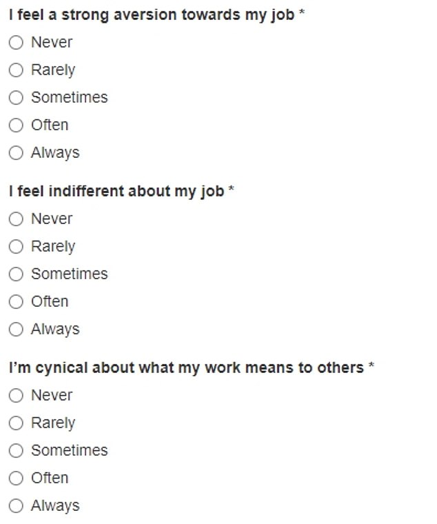 The statements were divided into four different areas, including burnout ('I lack energy to start a new day at work), mental distancing ('I feel indifferent to my work'), cognitive impairment ('I am forgetful and distracted). at work'). ) and emotional deterioration (“I get angry or sad at work without knowing why”)