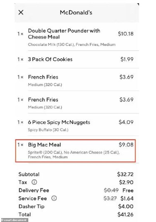 A screenshot of the February 2021 McDonald's order that was placed where Olsen indicates 