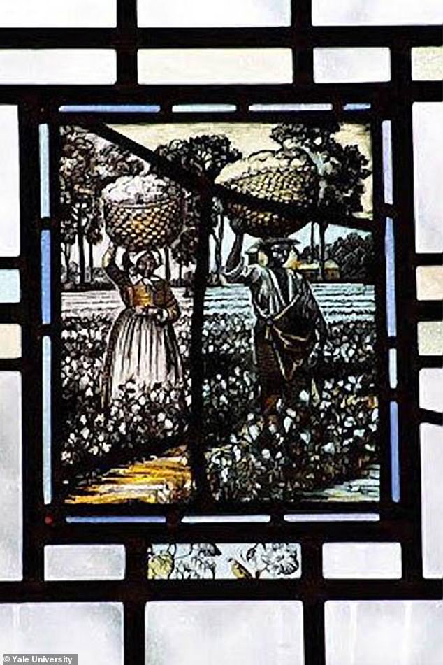 A stained glass window depicting slaves at Yale's former Calhoun College. The university was renamed in 2017.