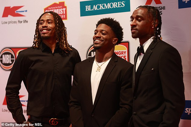 Tahjere McCall, Cairns' Patrick Miller and Melbourne United's Ian Clark arrive ahead of the 2024 NBL MVP Awards Night