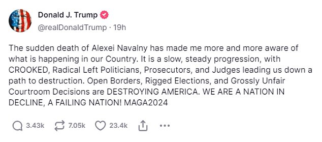 Trump's strange message comparing his legal problems to Navalny's death has been harshly criticized.