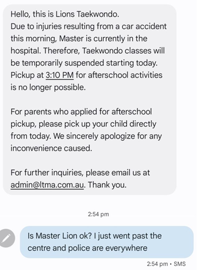 Horrified parents exclusively revealed to Daily Mail Australia how Lion's Taekwondo studio sent them a 'strange text message' on Tuesday morning.