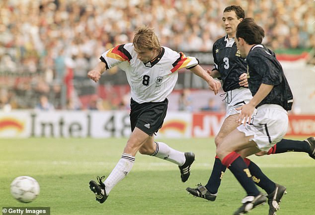 Thomas Hassler plays for Germany against Scotland at Euro 1992