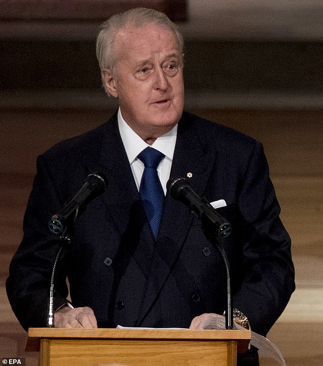 Brian Mulroney, Canadian Prime Minister from 1984 to 1993, celebrated his 80th birthday in 2019. Pictured speaking at George HW Bush's state funeral in December 2019