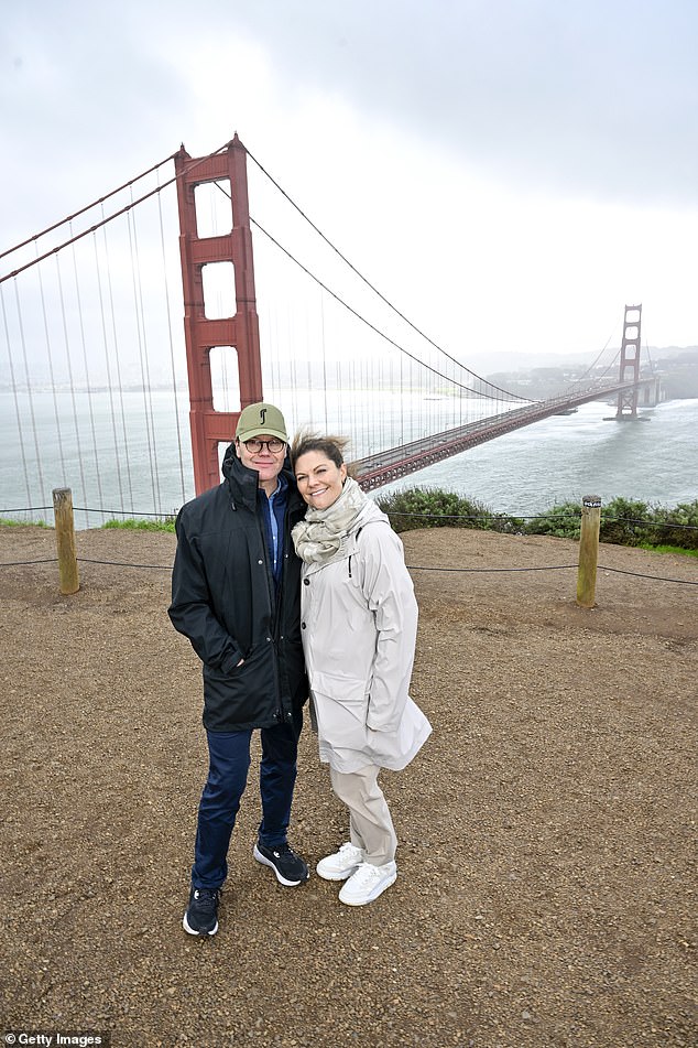 Pictured: Crown Princess Victoria and Prince Daniel of Sweden pose for a photo on the Golden Gate Bridge.