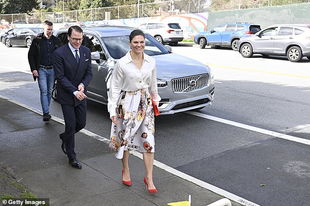 Crown Princess Victoria of Sweden looked glamorous in a colorful silk skirt by designer Saloni.