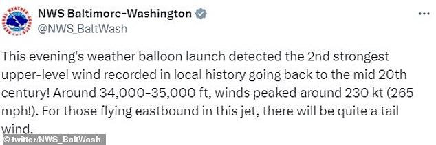 According to the US National Weather Service, winds reached speeds of 265mph at around 35,000ft over Washington - the altitude that planes fly