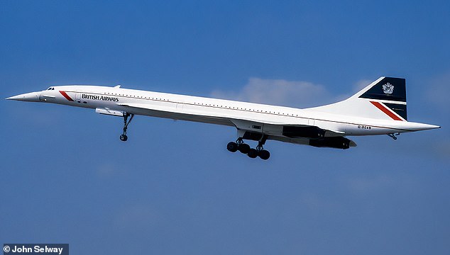 Concorde was the world's first supersonic airliner and operated for 27 years, but it was grounded in October 2003. Pictured is British Airways Concorde G-BOAB taking off with its landing gear still extended over the Cotswolds town of Fairford, Gloucestershire on July 20 , 1996, during the annual RAF Fairford airshow
